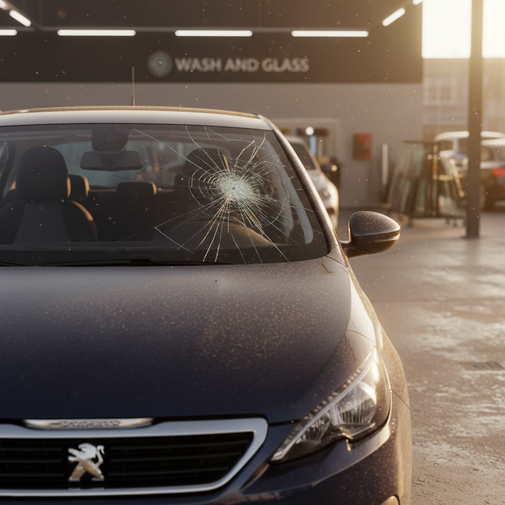 Pare-brise fissuré sur une Peugeot 308 avant remplacement par Wash and Glass