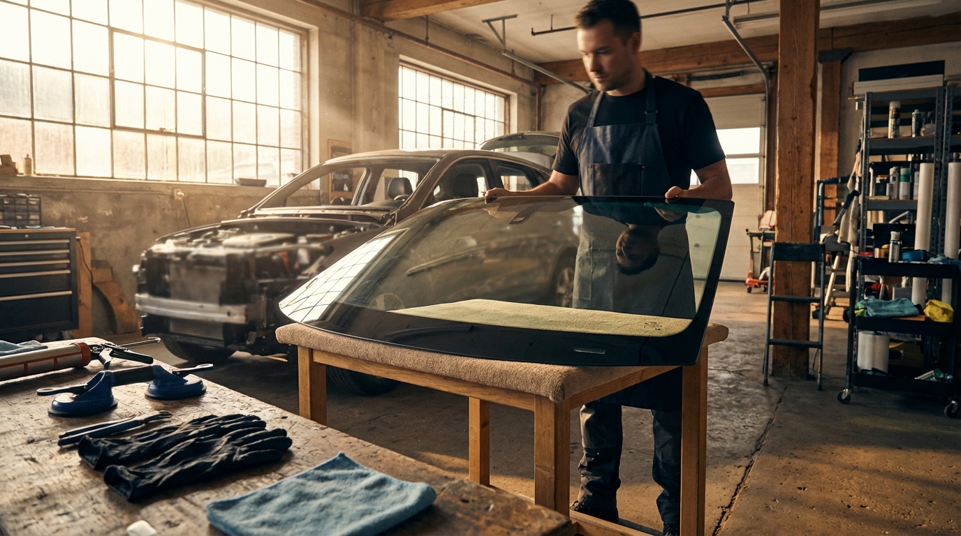 Atelier Wash and Glass avec pare-brise neuf prêt à être installé sur véhicule client