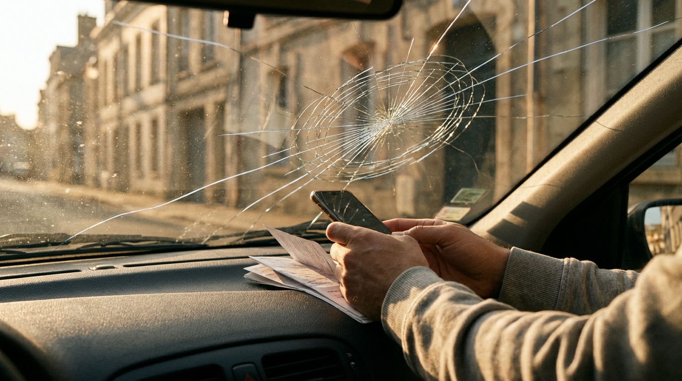 Main photographiant un pare-brise fissuré avec smartphone et documents assurance sur le tableau de bord