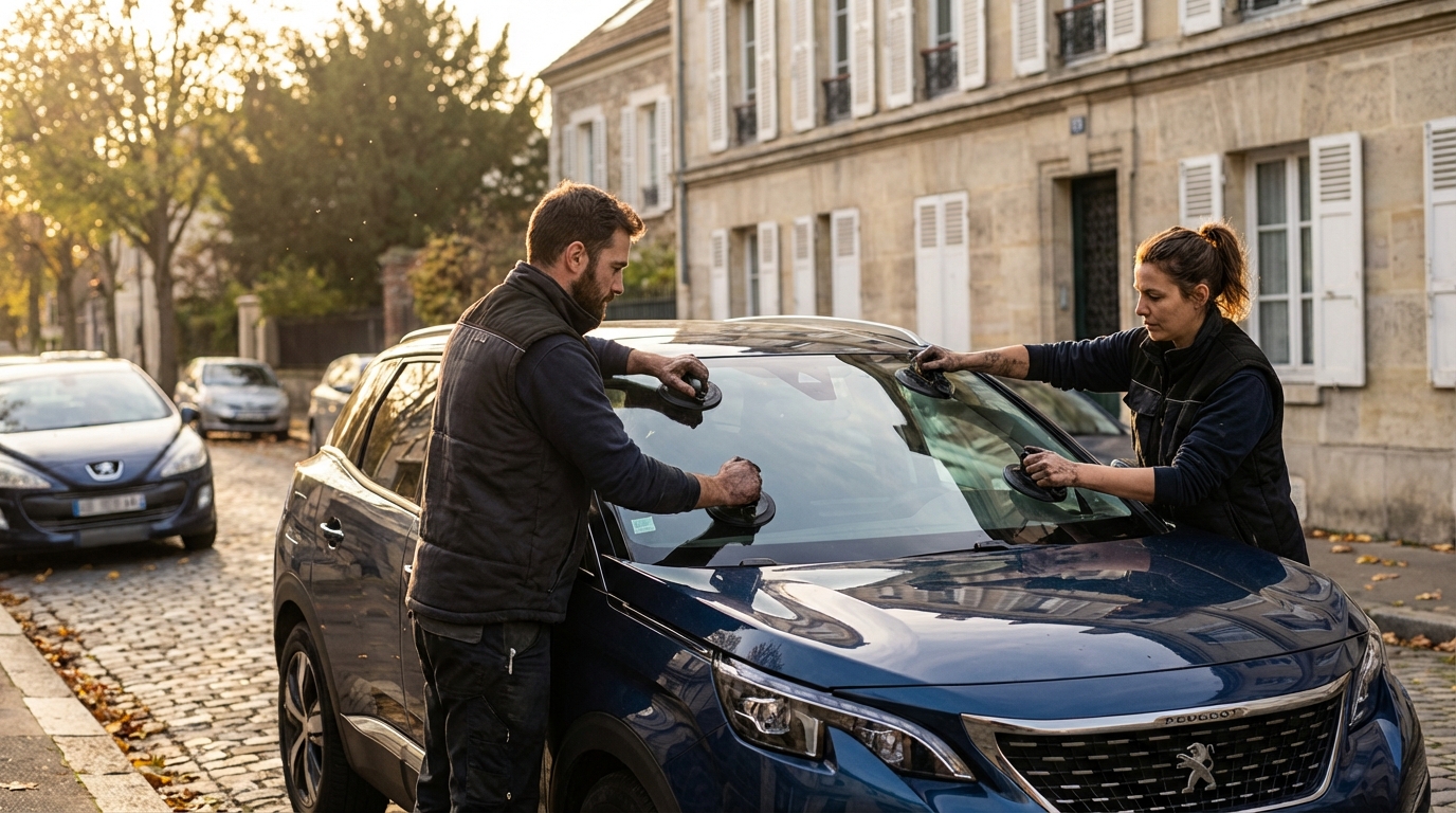 Deux techniciens Wash and Glass remplacent un pare-brise sur un véhicule en extérieur en Île-de-France