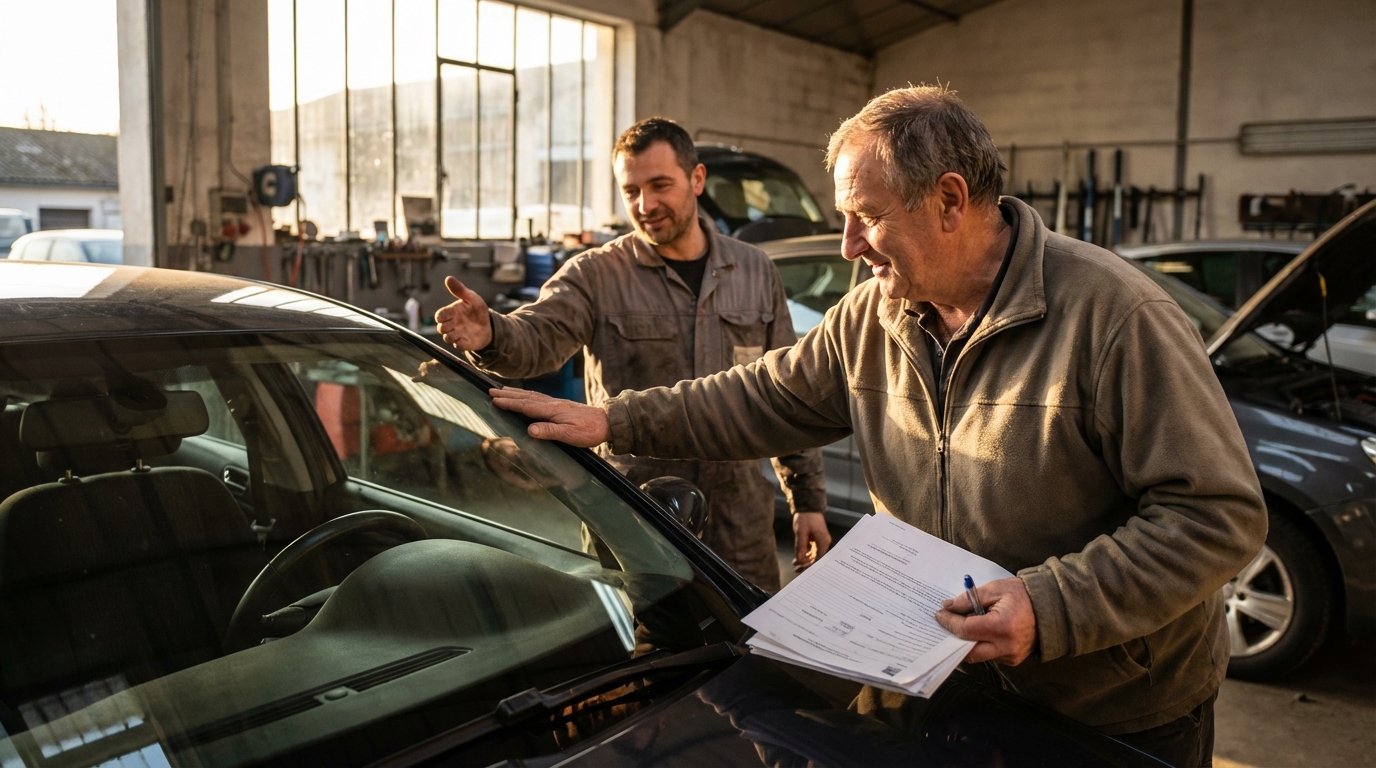 Client satisfait inspecte nouveau pare-brise installé par Wash and Glass avec documents assurance validés