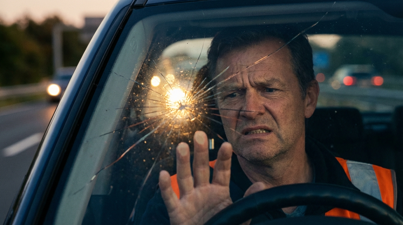 Conducteur gêné par un éclat dans le champ de vision de son pare-brise en conduite nocturne