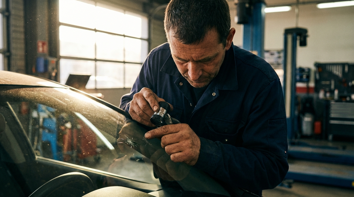 Technicien examinant un impact de pare-brise pour déterminer si une réparation ou un remplacement est nécessaire