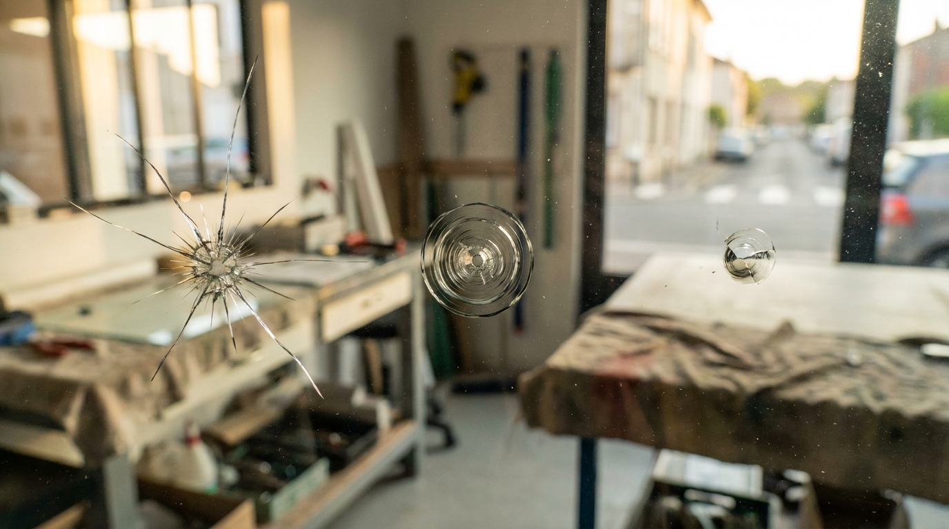 Schéma des différents types d'impacts pare-brise étoile œil-de-bœuf et éclat simple