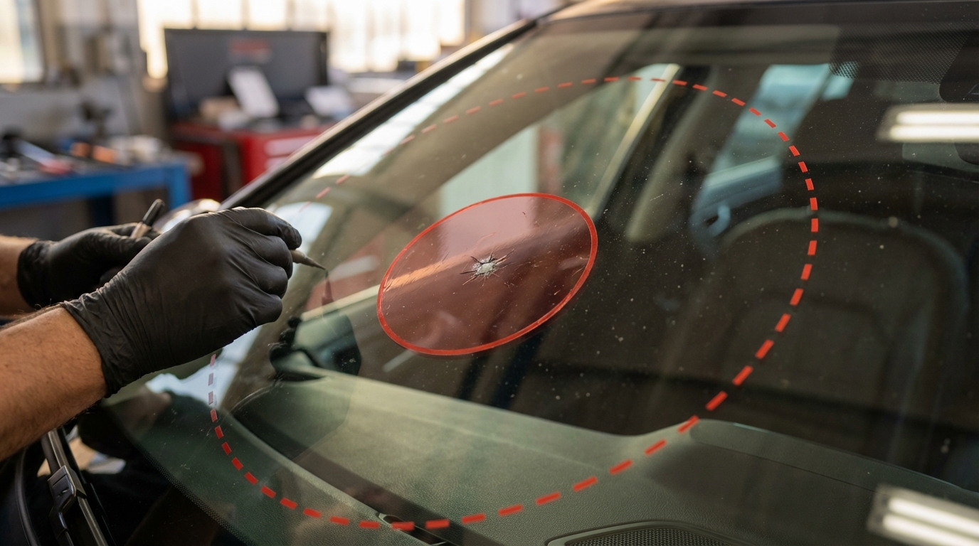 Zone de vision du conducteur sur un pare-brise avec délimitation de la zone réparable et non réparable