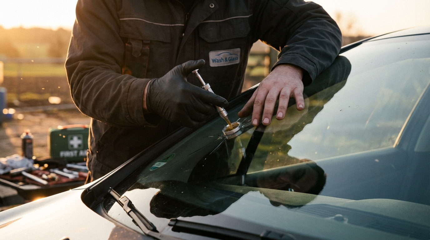 Technicien Wash and Glass réparant un impact pare-brise avec injection de résine sur un véhicule