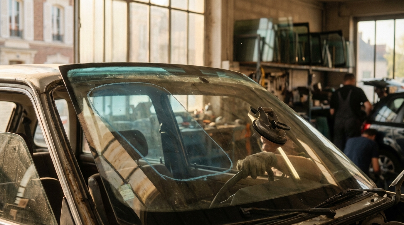 Zone de champ de vision du conducteur délimitée sur un pare-brise pour le contrôle technique