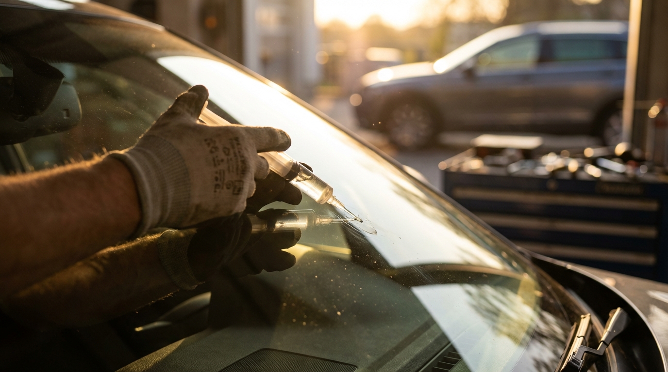 Technicien en train de réparer un petit impact pare-brise avec injection de résine sur un véhicule