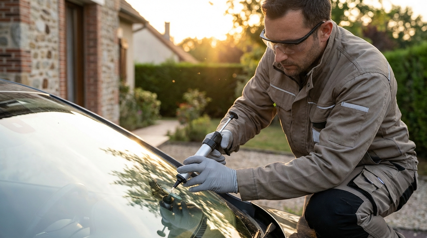 Technicien Wash and Glass intervenant sur un pare-brise à domicile en Île-de-France
