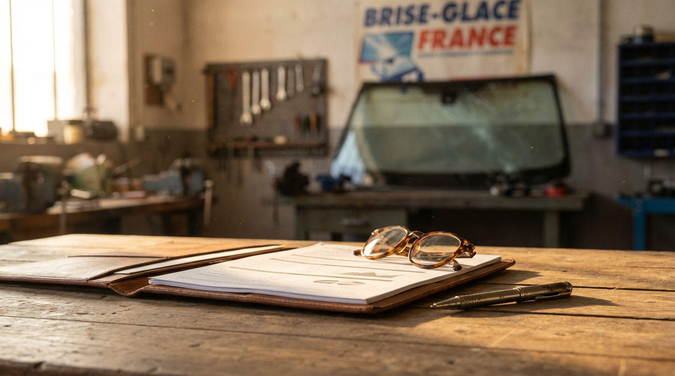 Contrat d'assurance automobile ouvert sur une table avec lunettes et stylo