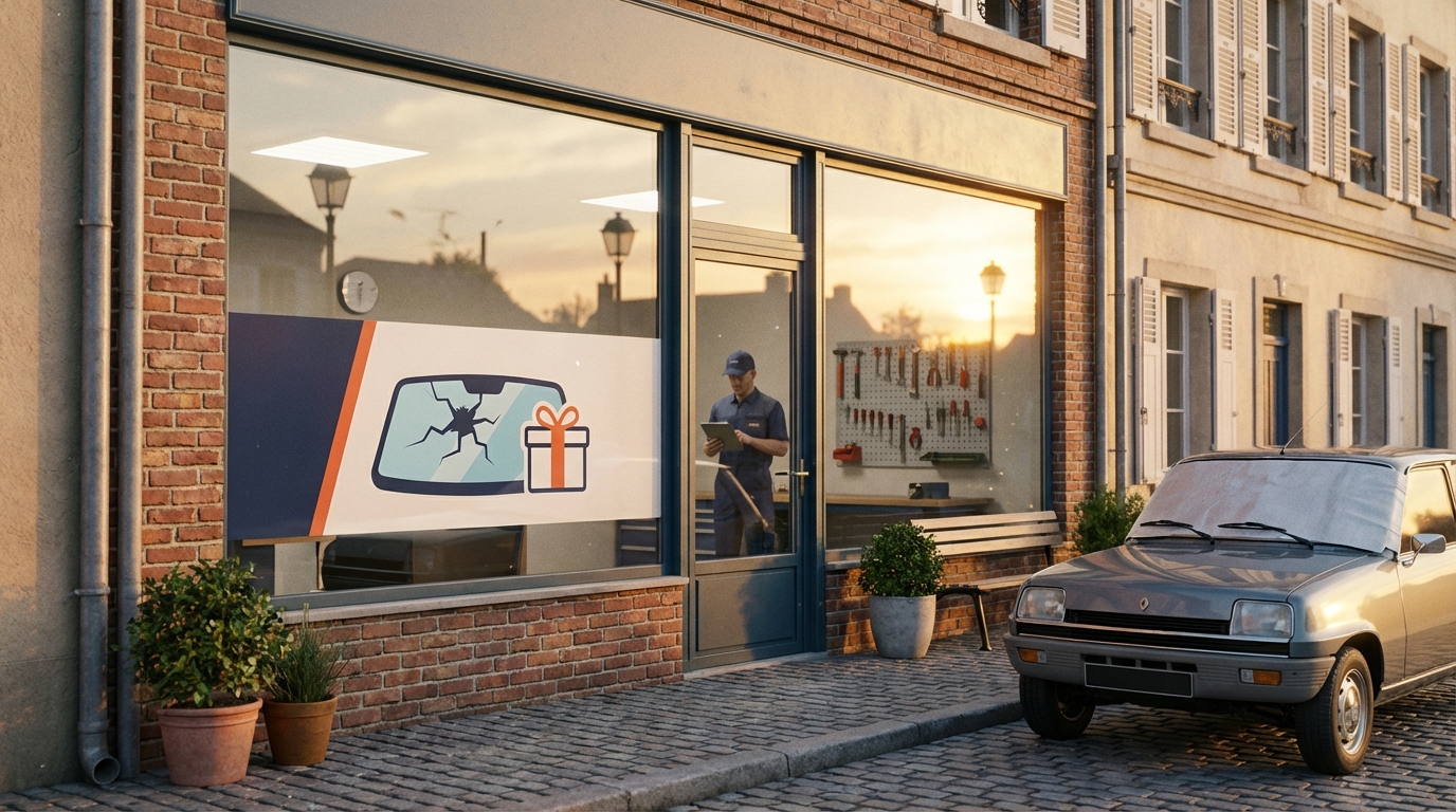 Devanture d'un centre de remplacement pare-brise proposant la franchise offerte à ses clients