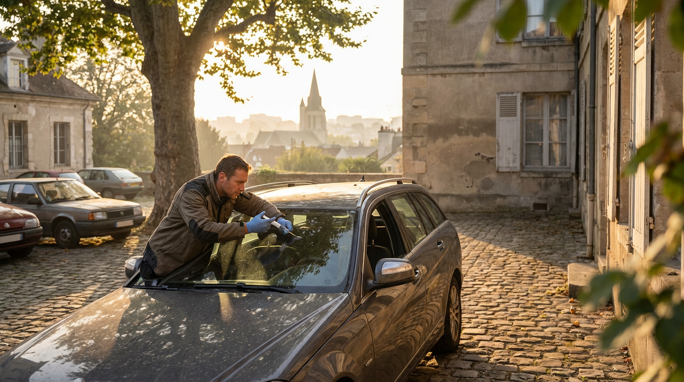 Technicien injectant de la résine sur un impact de pare-brise sur une voiture en Île-de-France