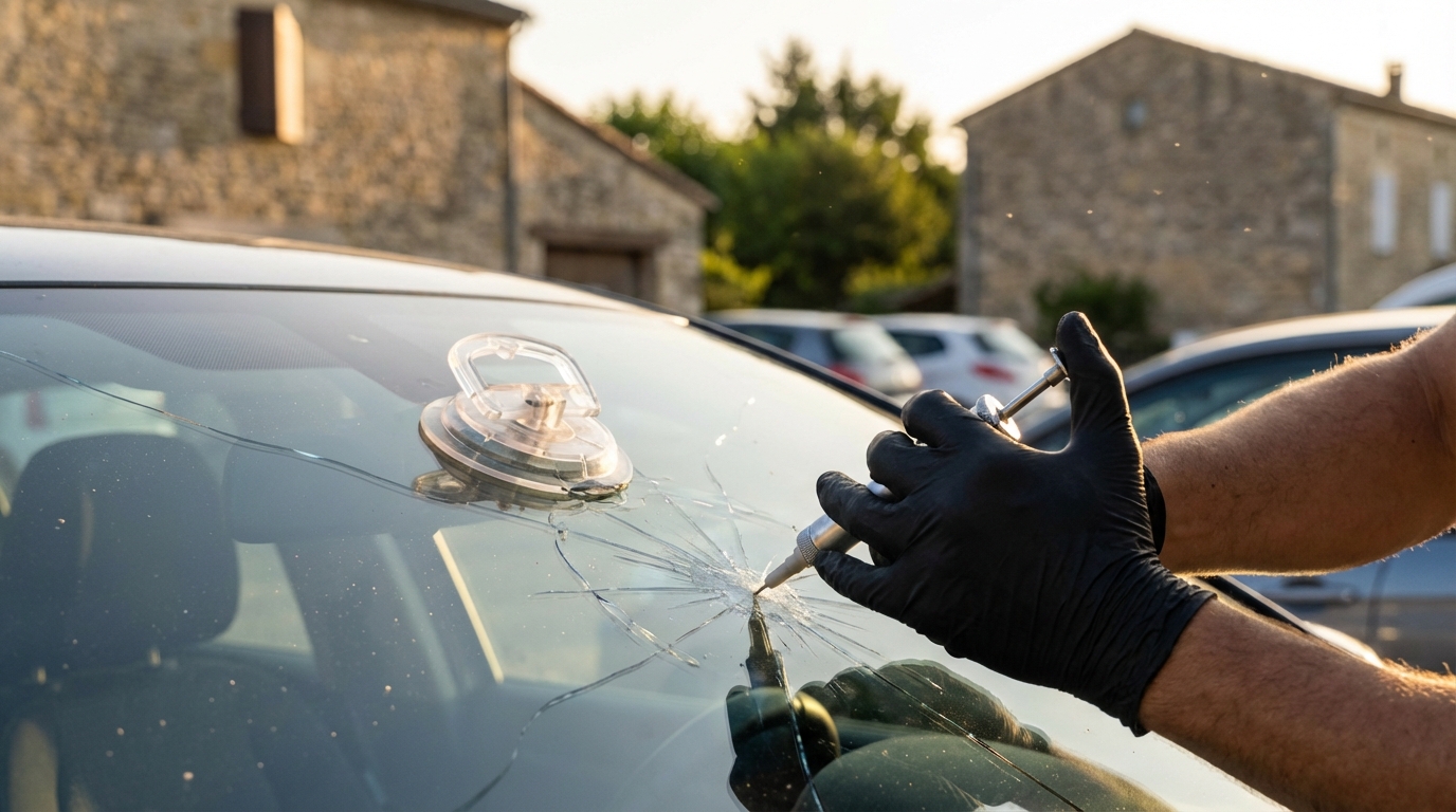 Gros plan sur un impact de type étoile en cours de réparation par injection de résine sur un pare-brise