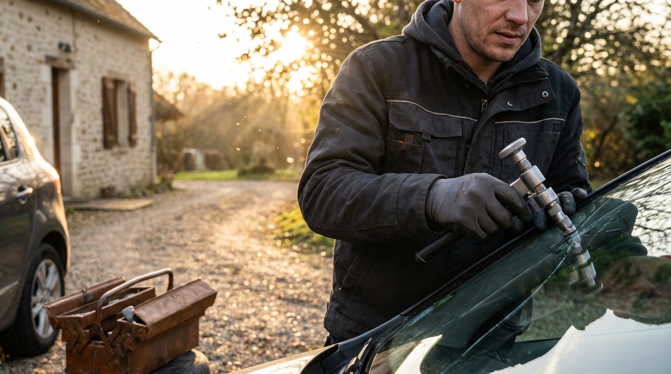 Technicien Wash and Glass intervenant sur un pare-brise à domicile dans les Yvelines