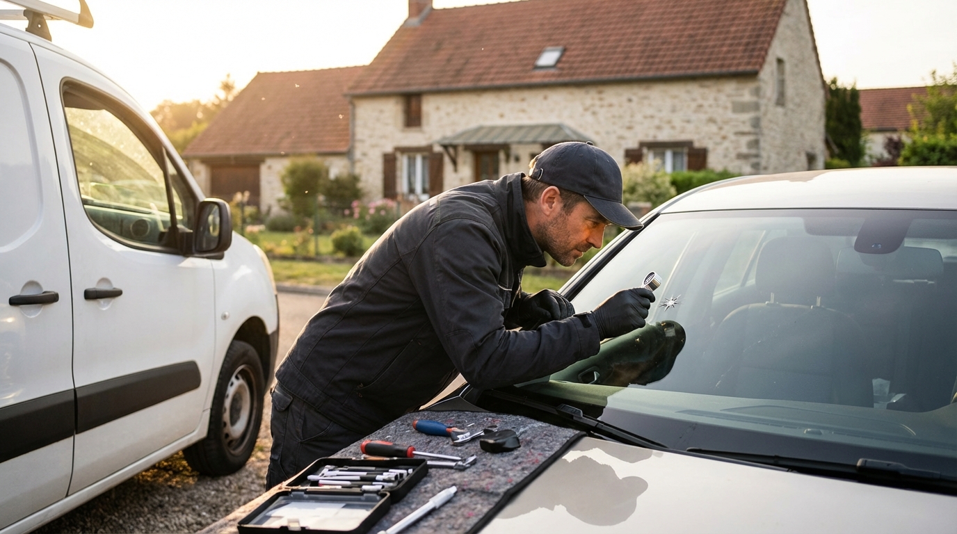 Technicien examinant un impact sur un pare-brise avant réparation à domicile