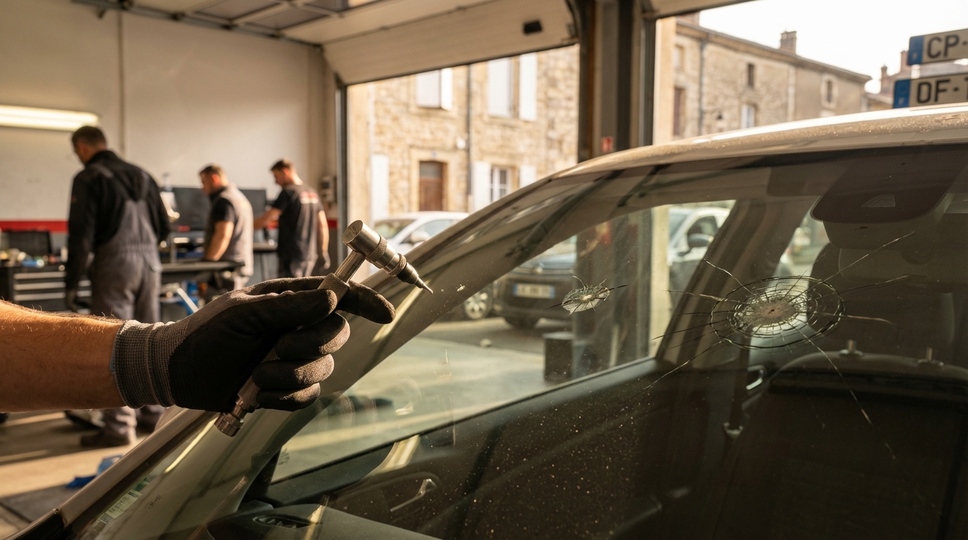 Comparaison visuelle des trois types d'impacts sur pare-brise : micro-impact, éclat moyen et impact profond