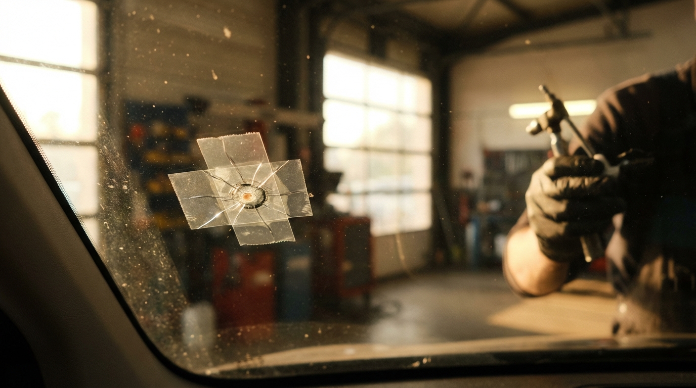 Gros plan sur un impact pare-brise protégé par du ruban adhésif transparent en attendant la réparation