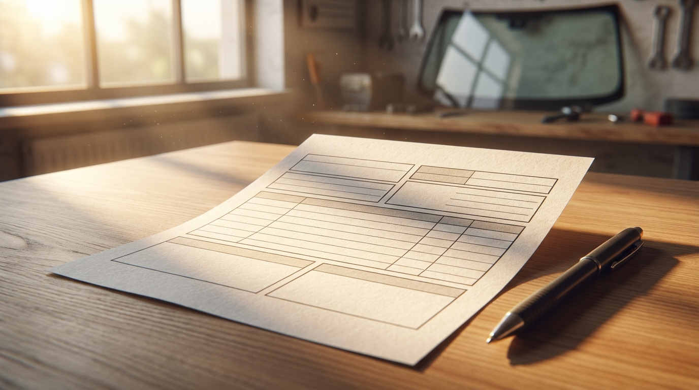 Document de déclaration de sinistre bris de glace posé sur un bureau avec un stylo