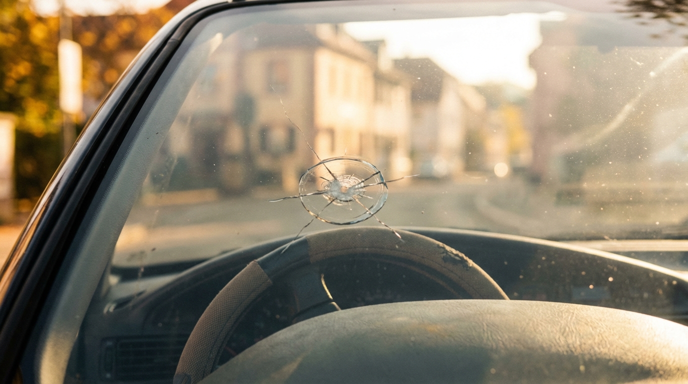 Pare-brise avec un impact visible dans le champ de vision du conducteur, motif de contre-visite