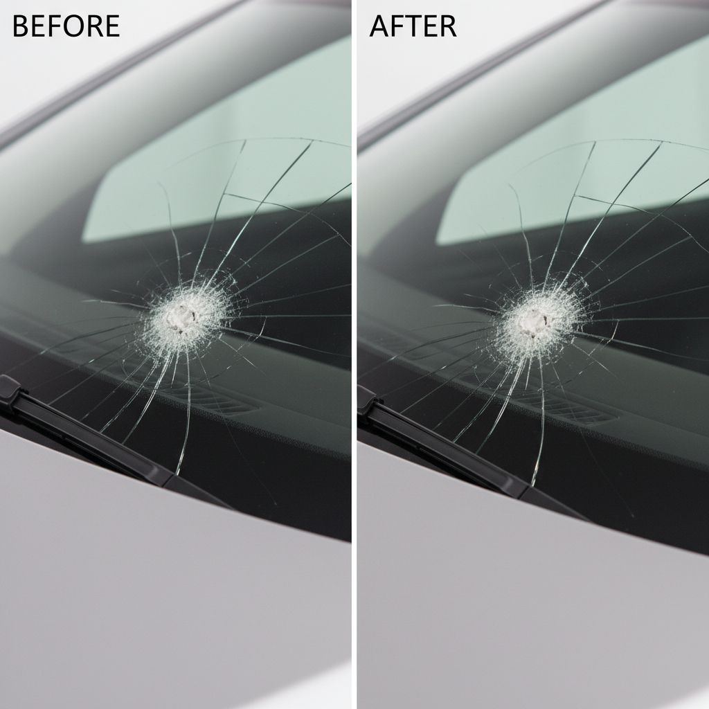 Réparation d'impact pare-brise avant après