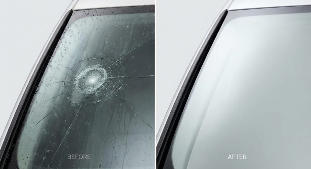 Réparation d'impact pare-brise avant après