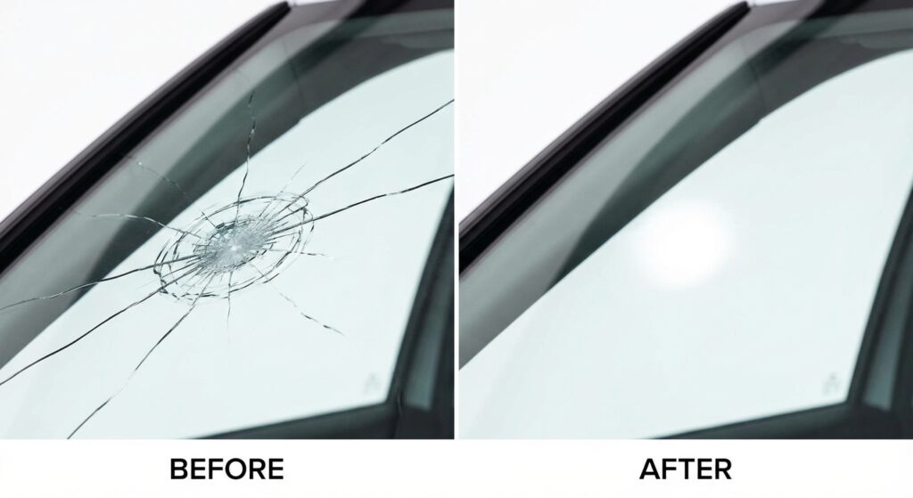 Réparation d'impact pare-brise avant après