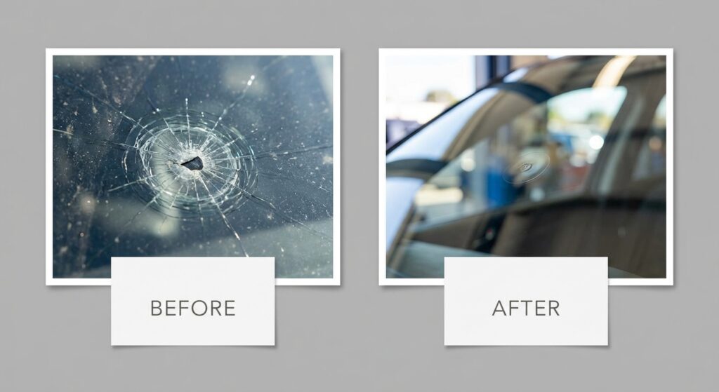 Réparation d'impact pare-brise avant après