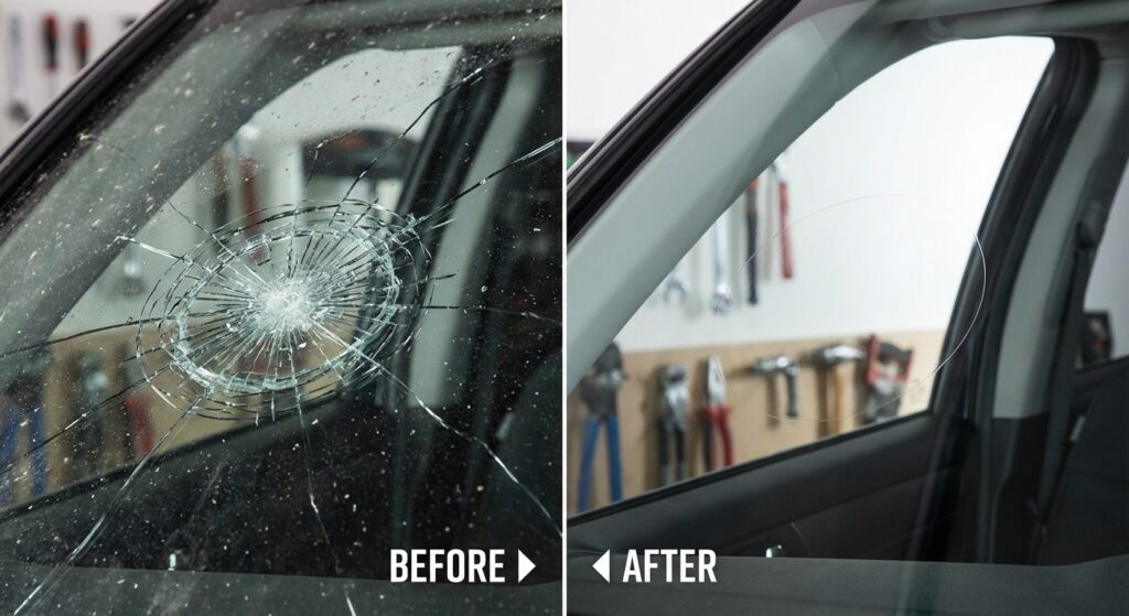 Réparation d'impact pare-brise avant après