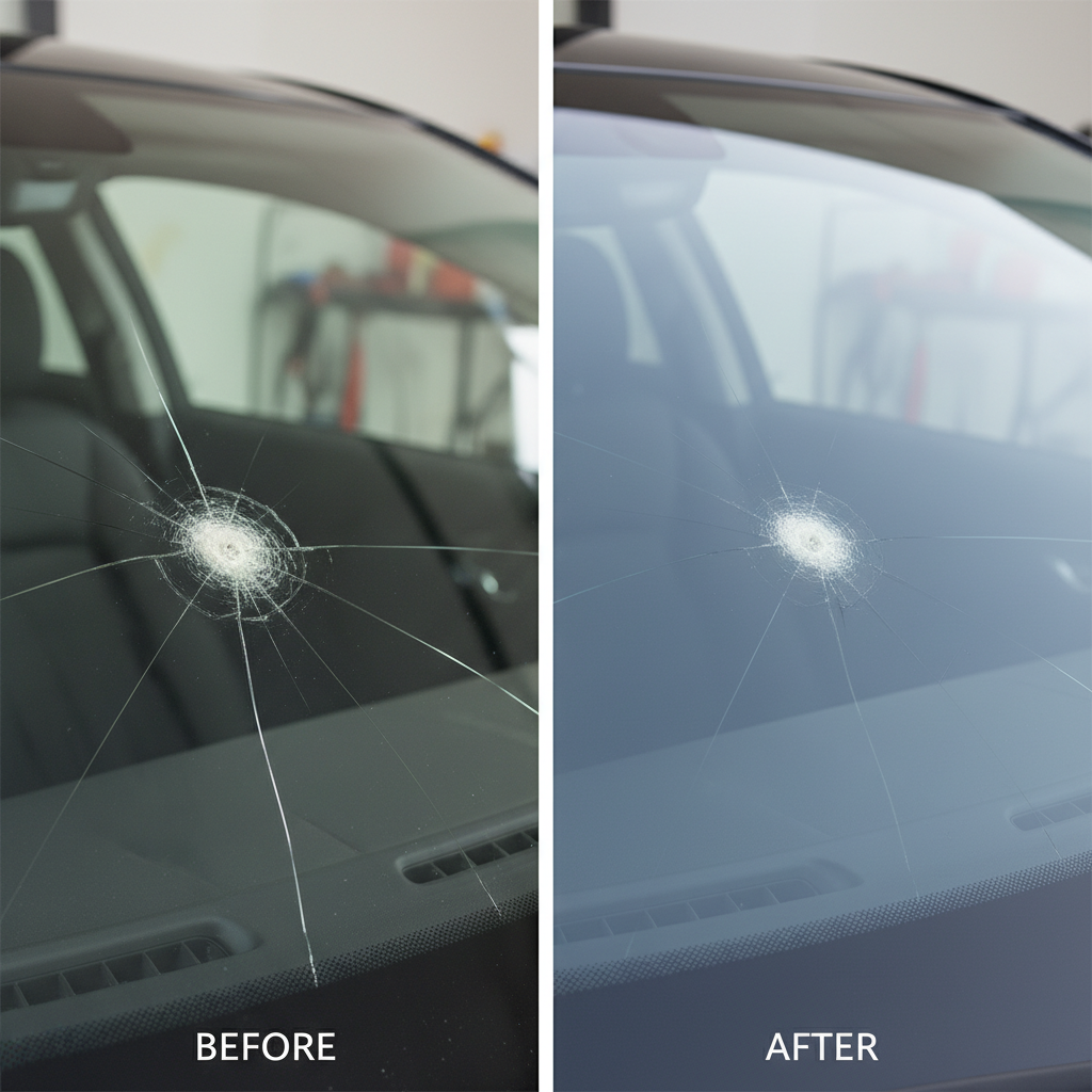 Réparation d'impact pare-brise avant après