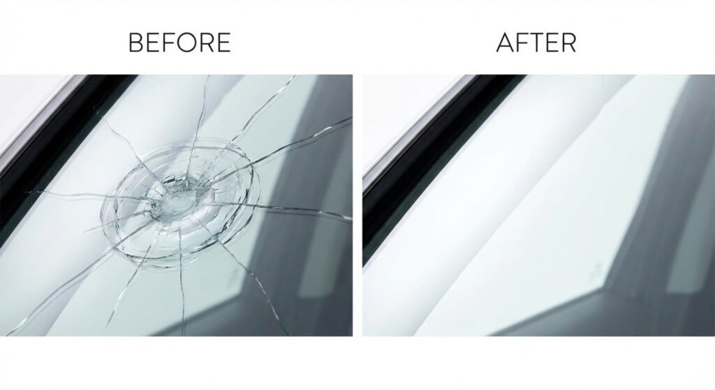 Réparation d'impact pare-brise avant après