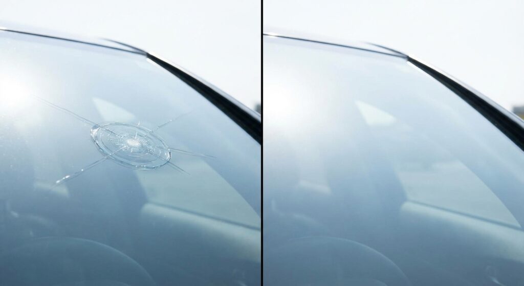 Réparation d'impact pare-brise avant après