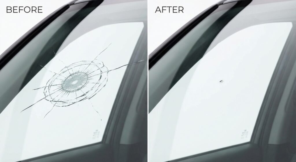 Réparation d'impact pare-brise avant après