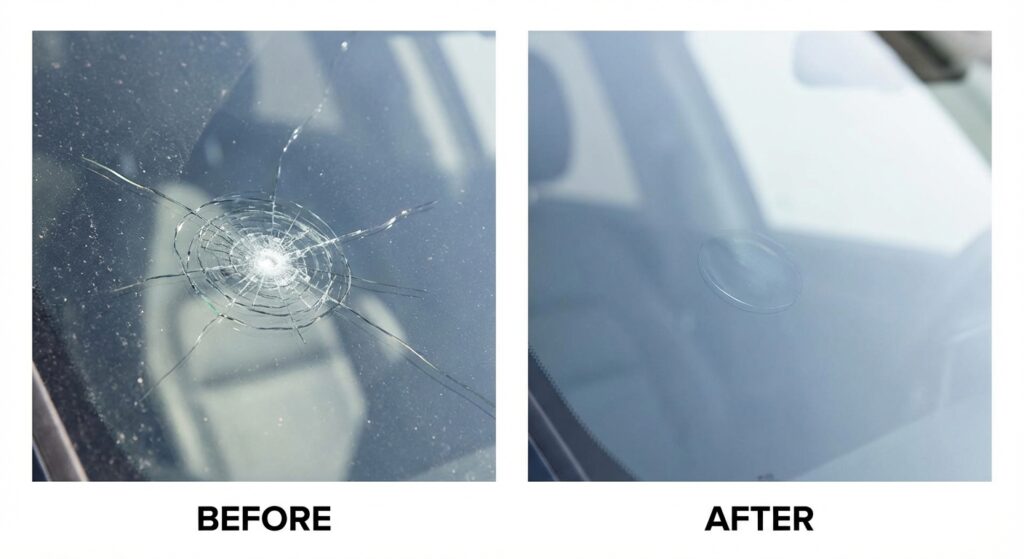 Réparation d'impact pare-brise avant après