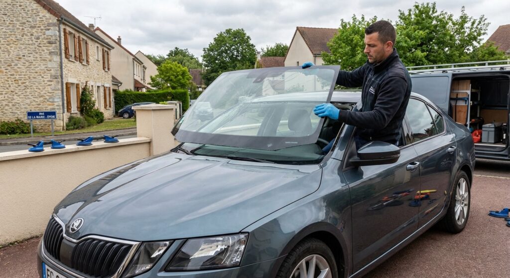 Remplacement de pare-brise en cours Épône