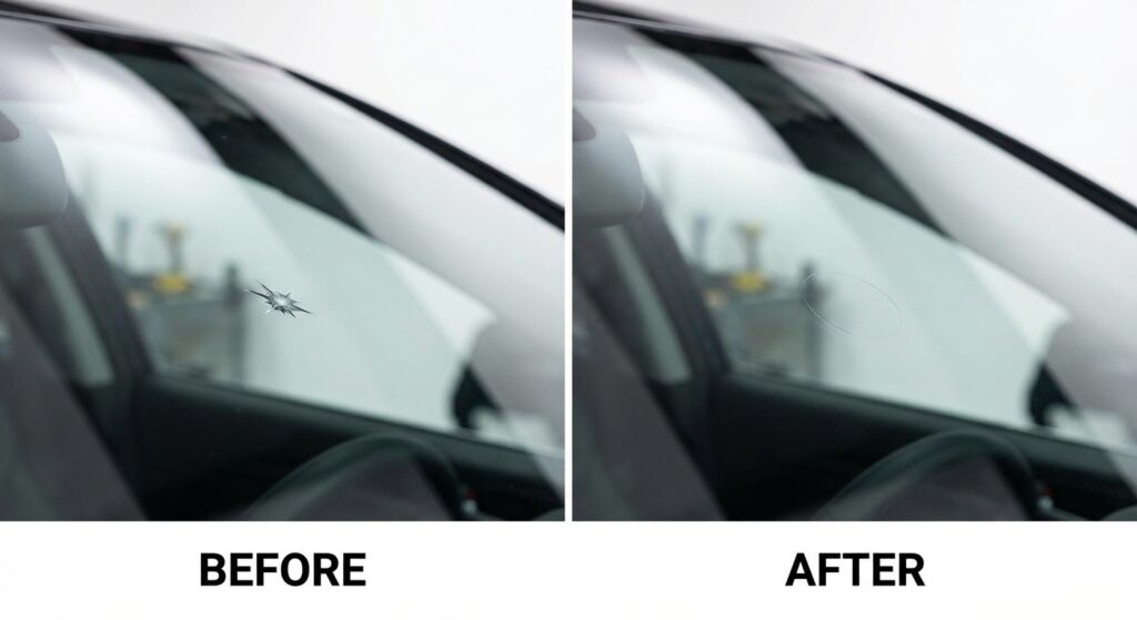 Réparation d'impact pare-brise avant après