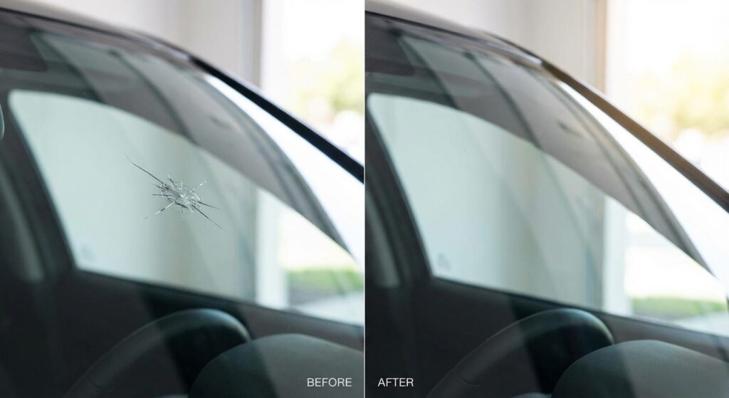 Réparation d'impact pare-brise avant après