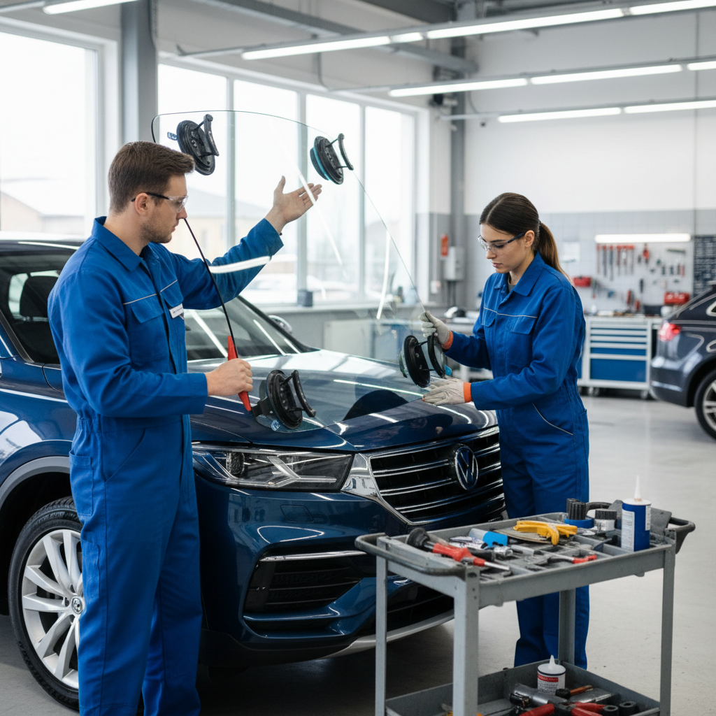 Équipe de techniciens vitrage automobile