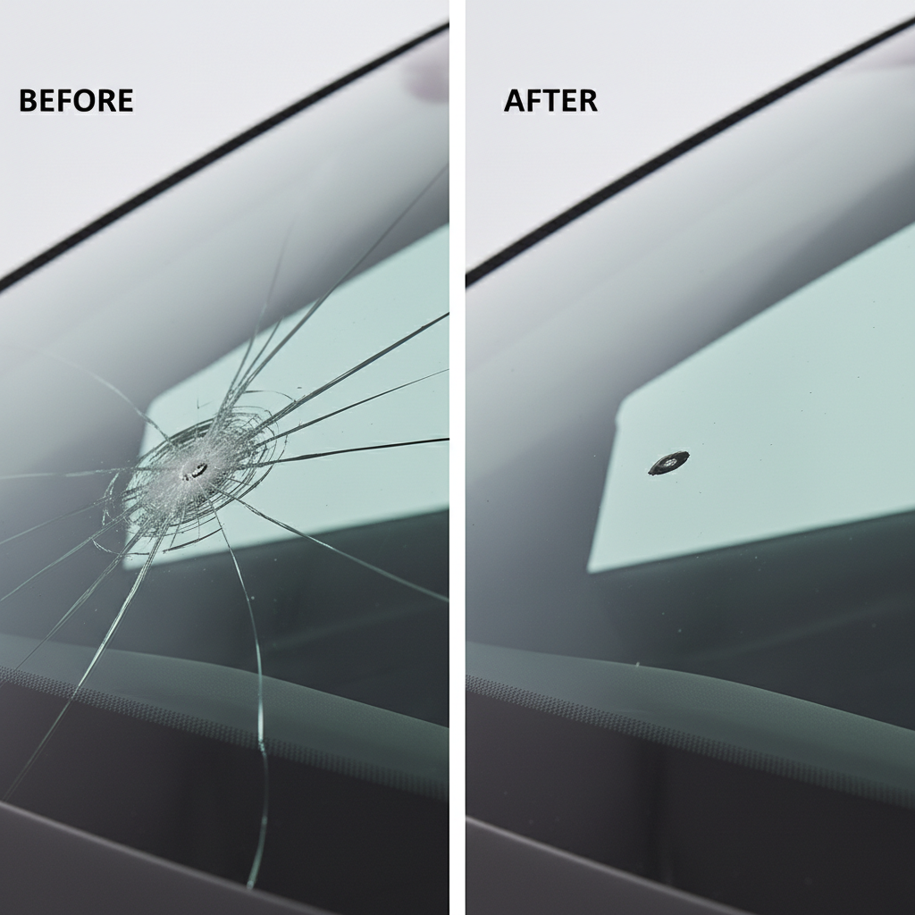 Réparation d'impact pare-brise avant après