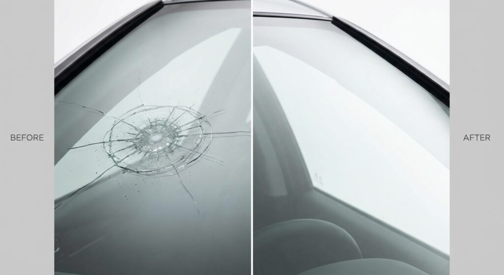 Réparation d'impact pare-brise avant après