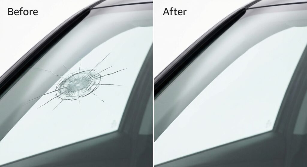 Réparation d'impact pare-brise avant après