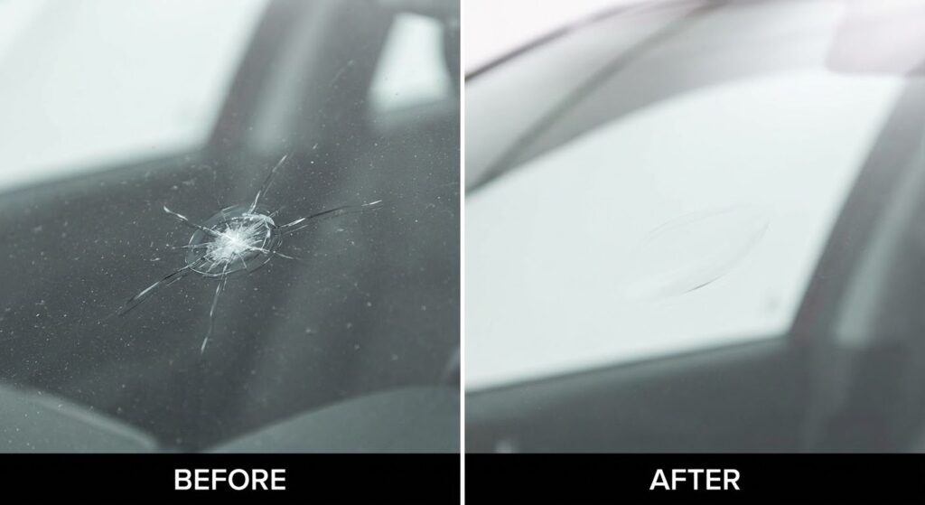 Réparation d'impact pare-brise avant après