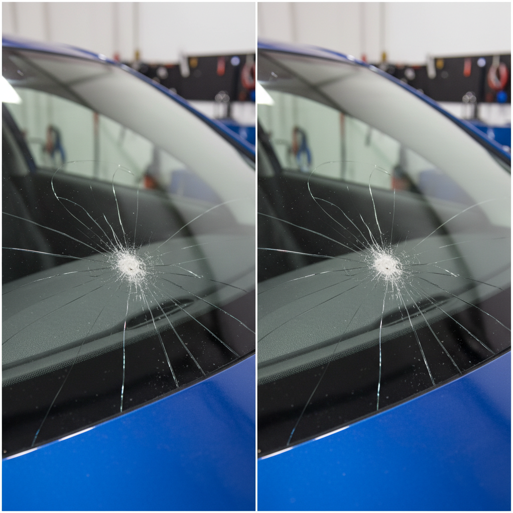 Réparation d'impact pare-brise avant après