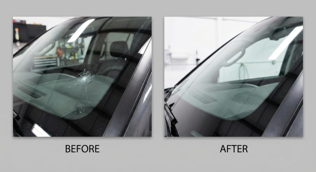 Réparation d'impact pare-brise avant après