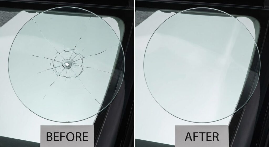 Réparation d'impact pare-brise avant après