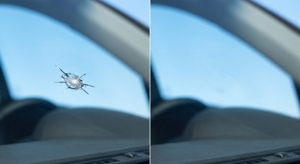 Réparation d'impact pare-brise avant après