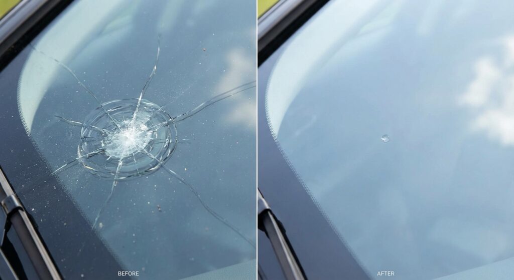Réparation d'impact pare-brise avant après