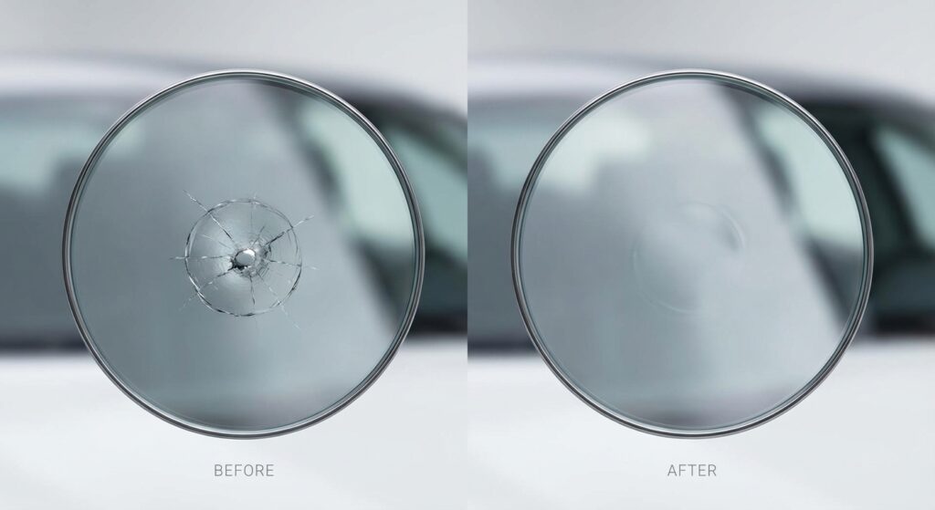 Réparation d'impact pare-brise avant après