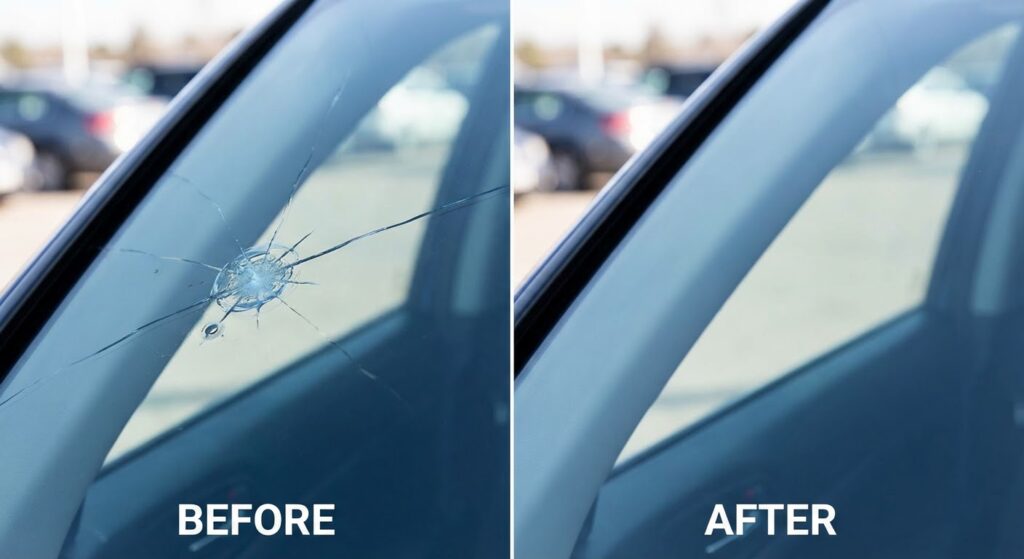 Réparation d'impact pare-brise avant après