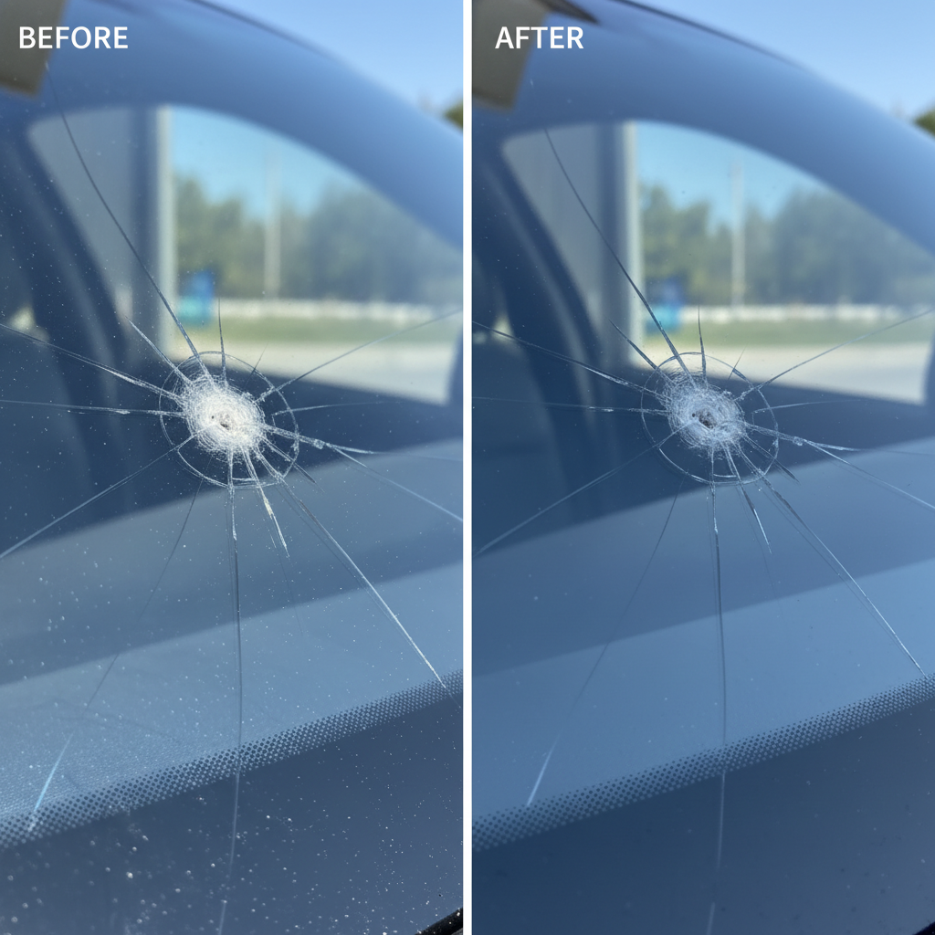 Réparation d'impact pare-brise avant après