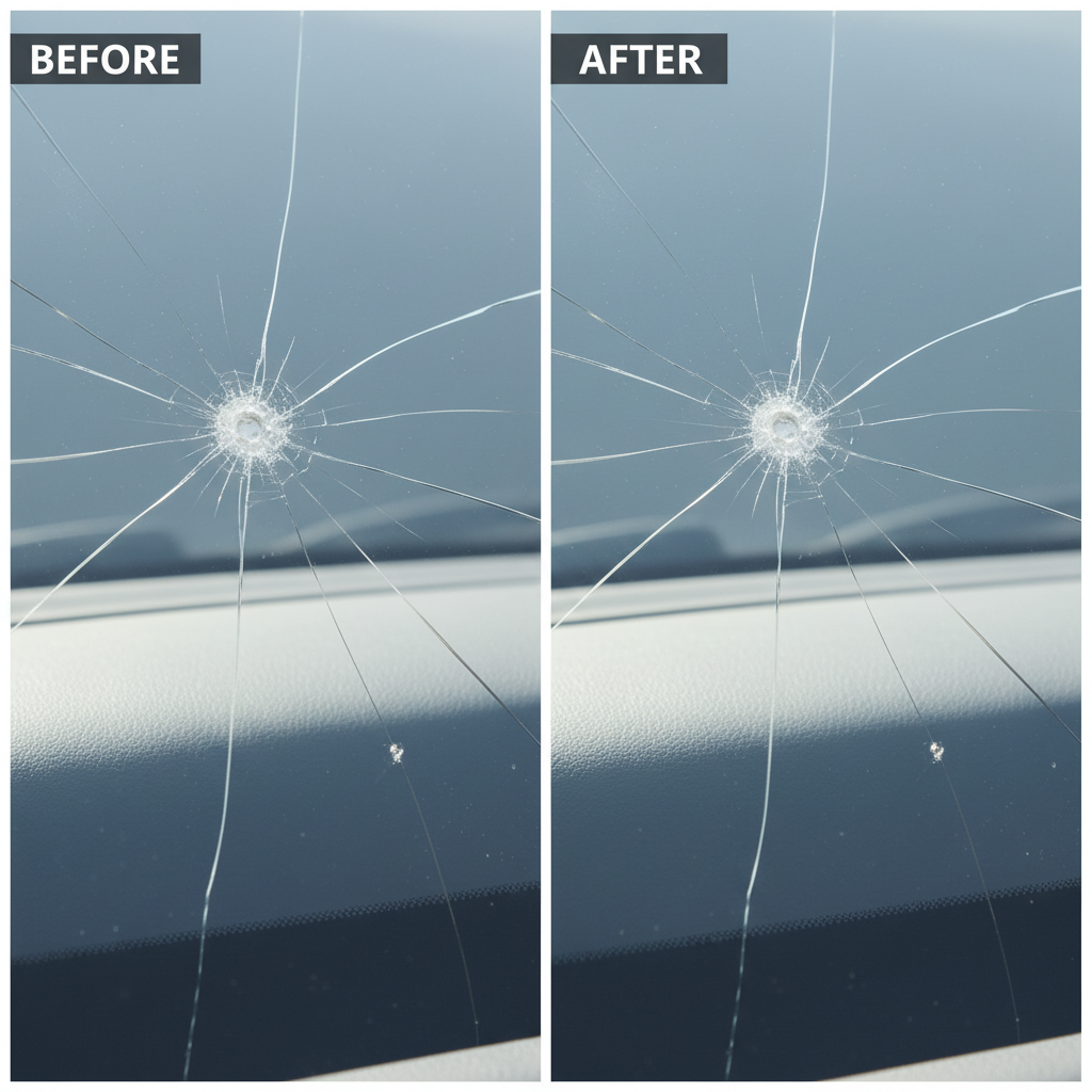 Réparation d'impact pare-brise avant après